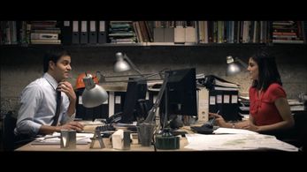 Still of Ryan Pratton and Monica Barbaro in Table for One.