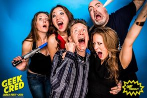 Spike Spencer, Rachel Robinson, Miley Yamamoto, Kyle Hebert, and Kimberly Spencer at the Geek Crew Launch Party