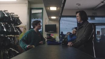 Still from KIDDING. Featuring Jim Carrey & Ginger Gonzaga (right) and Austin Zajur (left).