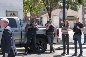 Sophia Bush, Jesse Lee Soffer, Patrick John Flueger, and LaRoyce Hawkins in Chicago P.D. (2014)