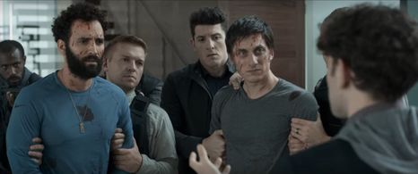 Harry Melling, Obie Matthew, Luca Marinelli, and Marwan Kenzari in The Old Guard (2020)