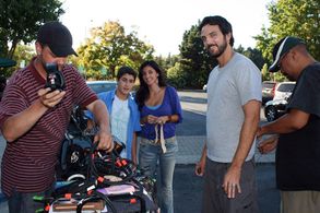 Lead Actor Elijah Stavena and Producer Blake Wellen on the set of Too Perfect with Director Julie Rubio