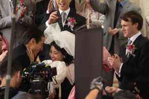 Still of Christopher Goh, Jing Lusi and Hugh Skinner BTS in The Romanoffs