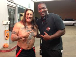 Director LazRael Lison and Danny Trejo on the set of Holloweed. Day 22