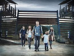 Shelley Conn, Jason O'Mara, Landon Liboiron, Naomi Scott, and Alana Mansour in Terra Nova (2011)