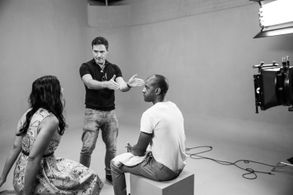 Leah Baskaran, Ben Pickering and Eke Chukwu on the set of ELECTION NIGHT