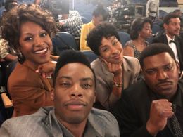 Mekhi Phifer, Woody McClain, Gabrielle Dennis, and Yvonne Senat Jones - On the set of The Bobby Brown Story