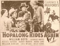 William Boyd, Russell Hayden, George 'Gabby' Hayes, Billy King, and Nora Lane in Hopalong Rides Again (1937)
