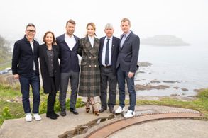THE GUERNSEY LITERARY AND POTATO PEEL PIE SOCIETY, 2018. Thomas Bezucha, Paula Mazur, Glen Powell, Lily James, Tom Court
