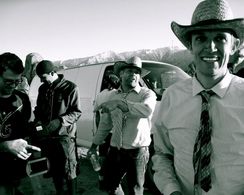 Tyler Gillett, Justin Martinez, Chad Villella and Matt Bettinelli-Olpin on the set of 