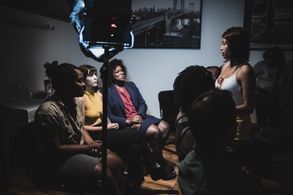Marzy Hart, Lisa Tharps & Isabella Tan on the set of Jones