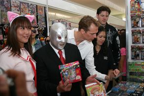 El Hiho del Santo, actor Doug Jones and actor Derek Maki tour the grounds of a convention in Mexico, meeting fans and ..