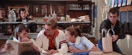 John Travolta, Michael Biehn, Jeff Conaway, Susan Buckner, and Kelly Ward in Grease (1978)