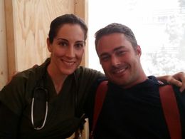 Amanda Marcheschi (Nurse Dina) and Taylor Kinney (Fireman Severide)on set of Chicago Fire.