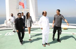 A.R. Rahman, Akshay Kumar, Rajinikanth, S. Shankar, Amy Jackson, and A. Subaskaran at an event for 2.0 (2018)