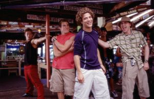 (L-R) Brandon (Greg Siff, in red),Justin (Justin Guarini) and Eddie (Brian Dietzen) enjoy Spring Break in Miami (Backgr