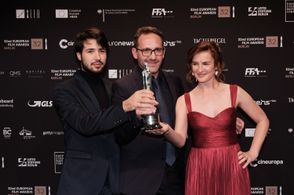 DoP Tudor Platon, Director Bogdan Mureșanu and Ioana Flora at European Film Awards 2019, Winners of Best European Short 