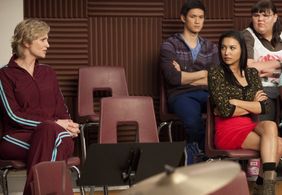 Jane Lynch, Naya Rivera, Harry Shum Jr., and Ashley Fink in Glee (2009)