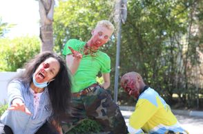 Ariella Amar, Coda Li Marcus, and Daniel Butler on the set of The Zompocalypse Therapy Sessions.