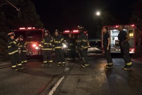 Jason George, Jaina Lee Ortiz, Danielle Savre, Jay Hayden, Grey Damon, Okieriete Onaodowan, and Barrett Doss in Station 