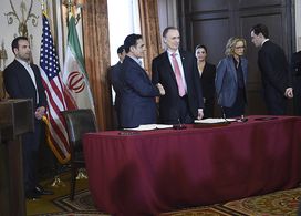 Téa Leoni, Keith Carradine, Houshang Touzie, Sorab Wadia, and Erich Bergen in Madam Secretary (2014)