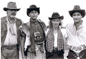 on the set of DONA BARBARA Diego Mantilla, Juan Fernandez, Betty Kaplan & Jorge Perugorria