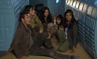 Shelley Conn, Jason O'Mara, Landon Liboiron, Naomi Scott, and Alana Mansour in Terra Nova (2011)