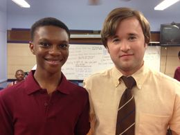 Justin Myrick with Haley Joel Osment on the set of the movie Sex Ed