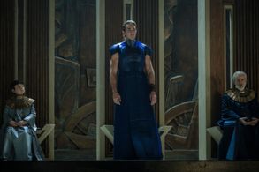 Still of Cooper Carter, Lee Pace and Terrence Mann in Foundation