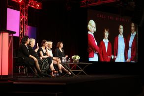 Pam Ferris, Pippa Harris, Heidi Thomas, Helen George, and Jessica Raine at an event for Call the Midwife (2012)