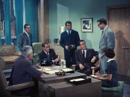 George Reeves, Dean Cromer, John Hamilton, Myron Healey, Jack Larson, Ray Montgomery, and Noel Neill in Adventures of Su