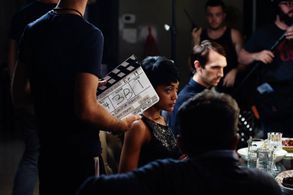 Behind the scenes shot of Mercedes Morris in Couple-ish.