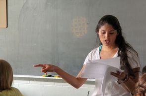 Direct, Emily Aguilar, on the set of Brie's Bake Off Challenge.