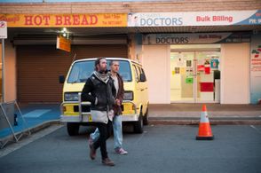 Kurt Martin on set with George Pullar filming Moon Rock For Monday