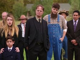 Majandra Delfino, Rainn Wilson, Oscar Nuñez, Matt Jones, Thomas Middleditch, and Blake Garrett Rosenthal in The Office (