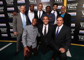 Jim Caviezel, Thomas Carter, David Zelon, Alexander Ludwig, Jessie T. Usher, Ser'Darius Blain, and Matthew Daddario at a