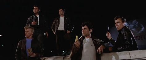 John Travolta, Jeff Conaway, Barry Pearl, Michael Tucci, and Kelly Ward in Grease (1978)