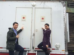 Stephen Lin and Anna Weng on set for CBS Unforgettable (2014)