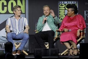 Charles Edwards, Sophia Nomvete, and Owain Arthur at an event for The Lord of the Rings: The Rings of Power (2022)