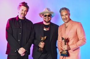 Garrett Basch, Sterlin Harjo, and Taika Waititi at The IMDb Portrait Studio at the 2022 Film Independent Spirit Awards