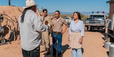 BTS, EP Chris Eyre, Zahn McClarnon as Joe Leaphorn, Kiowa Gordon as Jim Chee and Dezbaa as Helen Atcitty in Dark Winds -