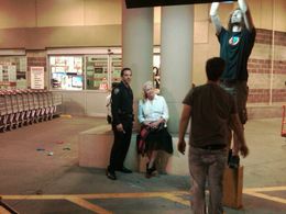 Mel England and Sally Kirkland on the set of 