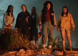 Still of Alexa Barajas, Jasmin Savoy Brown, Jane Widdop, Liv Hewson and Keeya King on Yellowjackets.