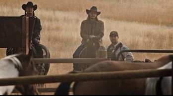 Still of Matt Medrano, Luke Grimes and Mo Brings Plenty on set of Yellowstone