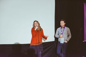 Christina Kallas and Josh Mandel at an event for The Rainbow Experiment (2018)