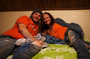 J.P. Riley and Liz Lytle on the set of Act Naturally.