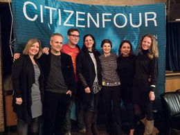 Mathilde Bonnefoy, Laura Poitras, Dirk Wilutzky, Katy Scoggin, Jacob Appelbaum, Sarah Harrison, and Renata Avila at an e
