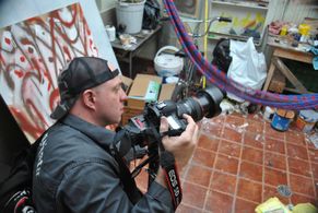 Minsker on location of Self-Medicated, a film about art.