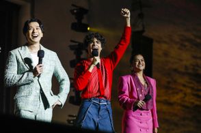 Maisa, Mackenyu, and Iñaki Godoy at an event for One Piece (2023)