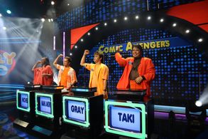 Taki Nerona, Andrew De Real, Michelle O'Bombshell, and Franco Nerona in Family Feud Philippines (2022)